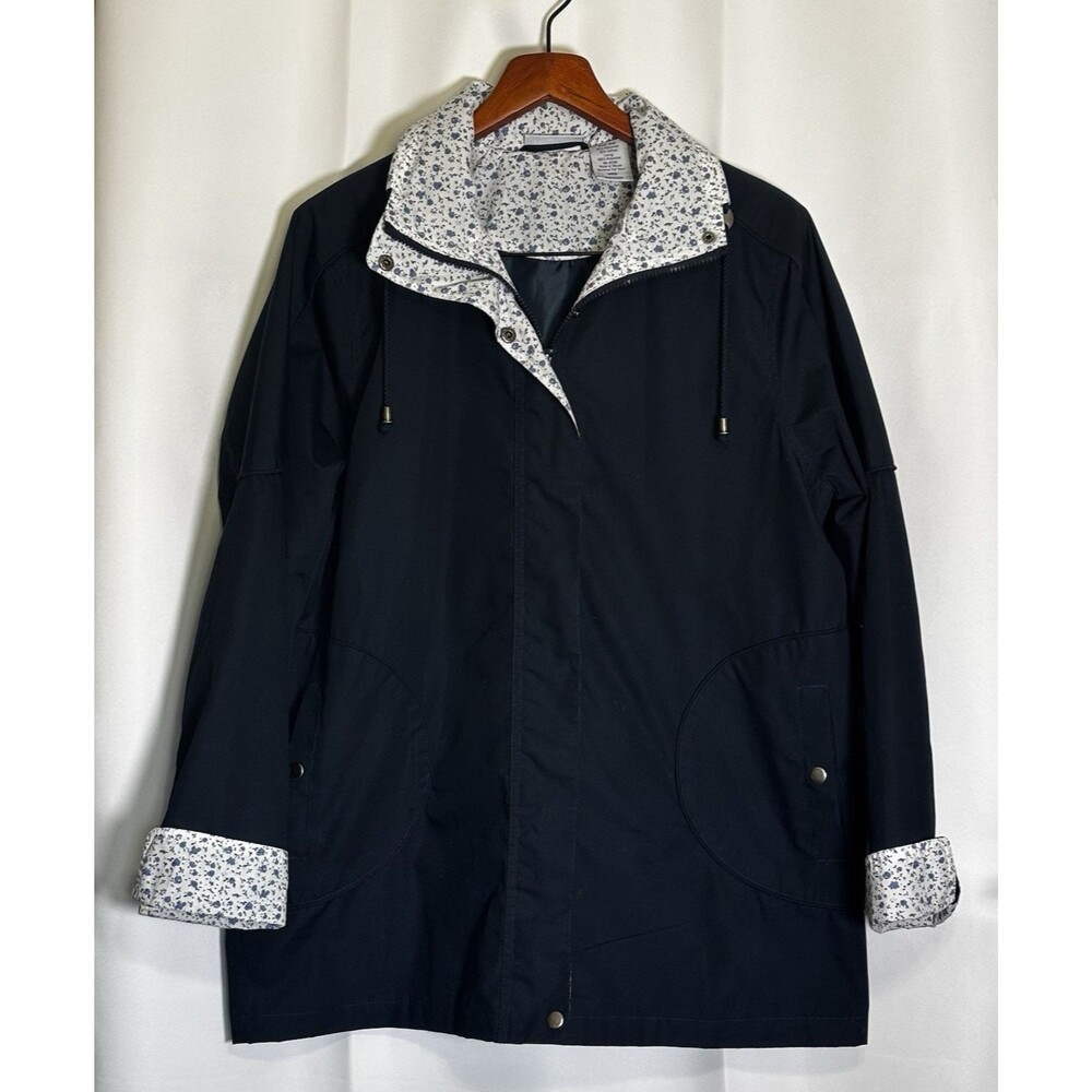 Blair Navy Blue Rain Jacket Floral Lined Hooded Windbreaker Size Medium 4103401